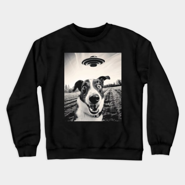 Funny Alien UFO Dog Selfie Crewneck Sweatshirt by Delta V Art